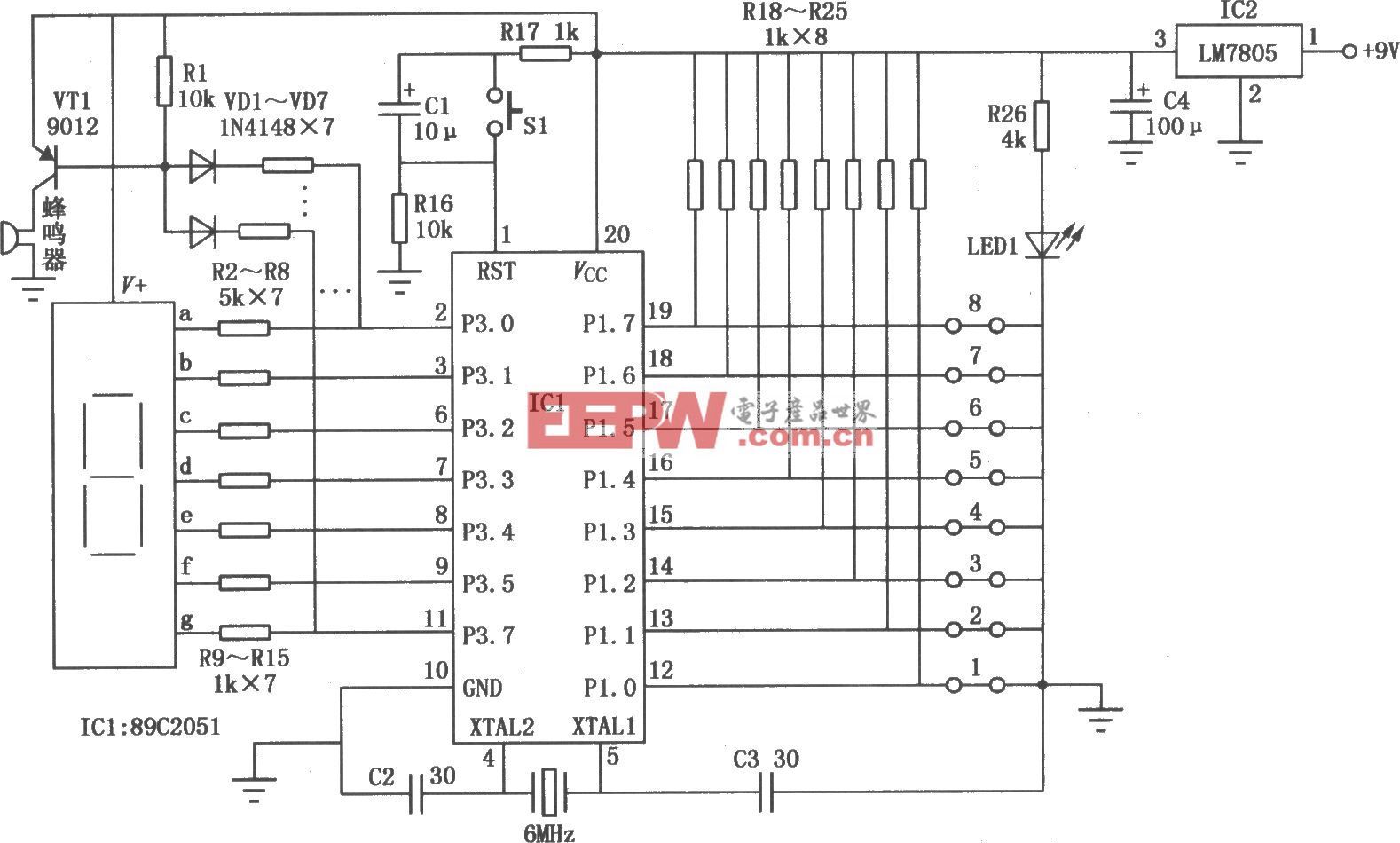 由89C2051单片机组成的数显八路断线检测仪