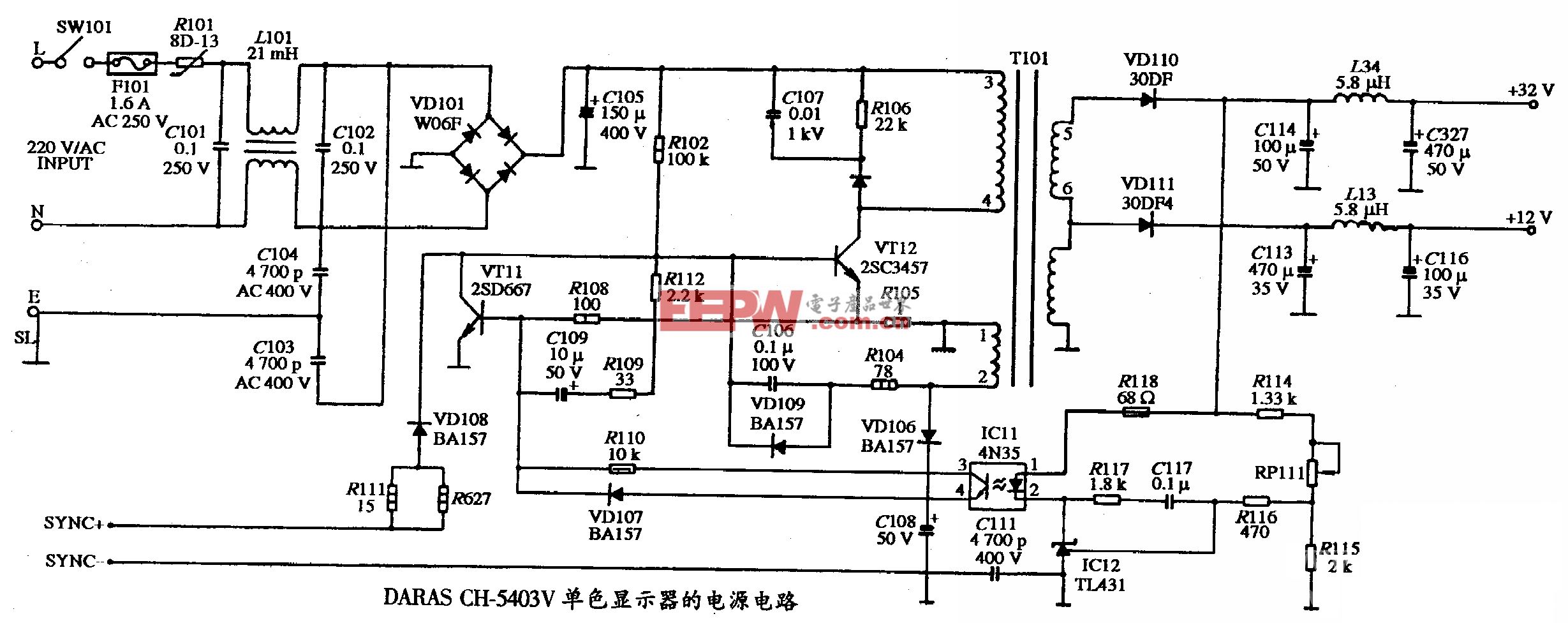 DARAS CH-5403V型单色显示器的电源电路图