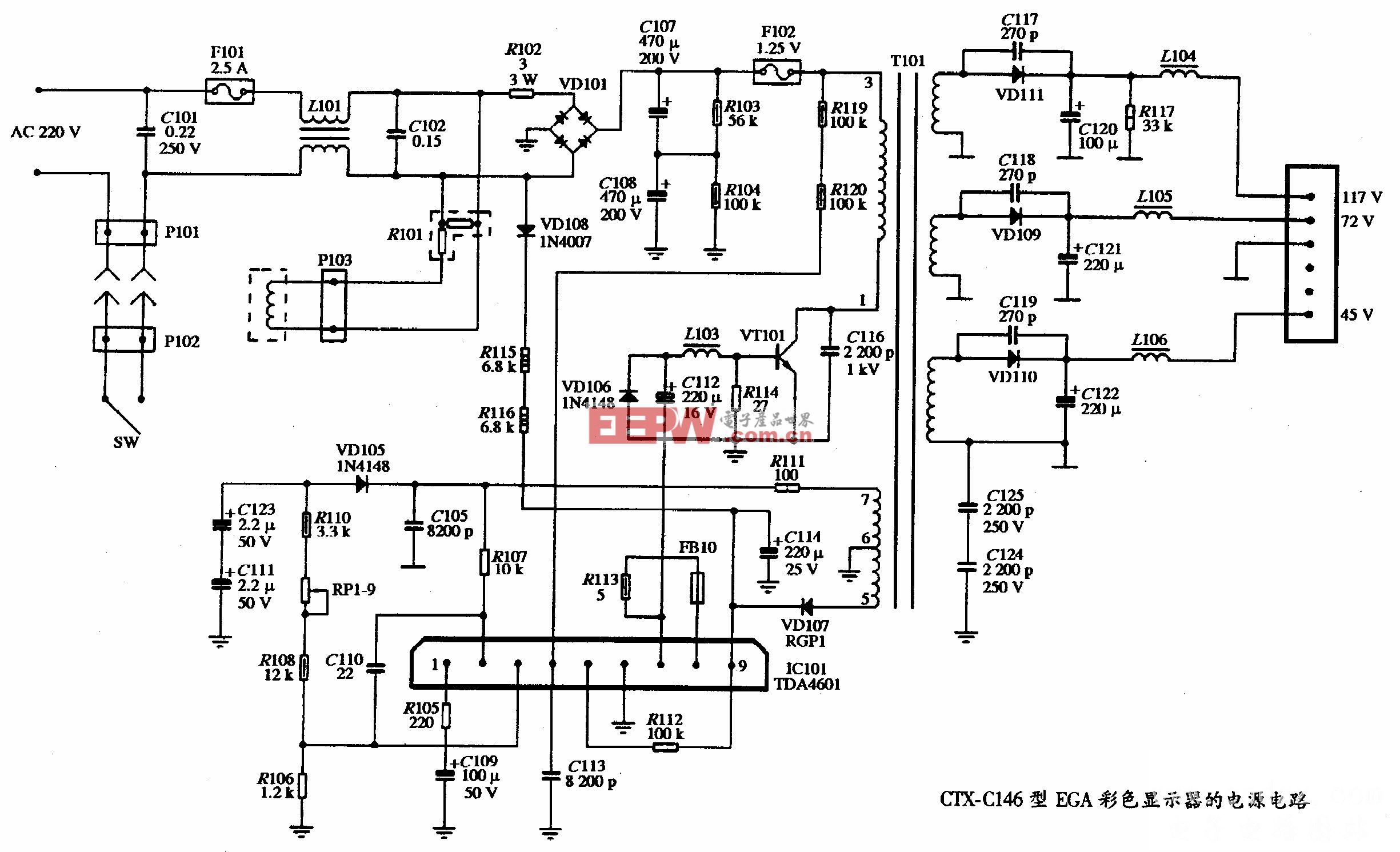 CTX-C146型EGA彩色显示器的电源电路图