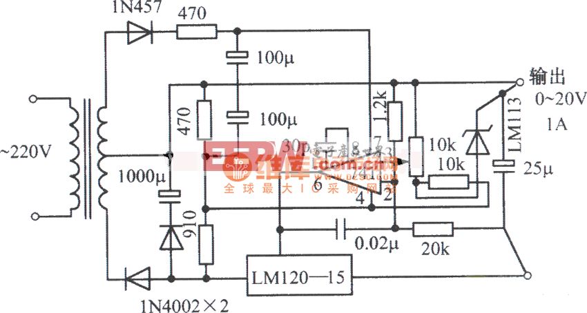 LM120-15,齐纳二极管LM741构成的0～20V、1A可调稳压电源电路图